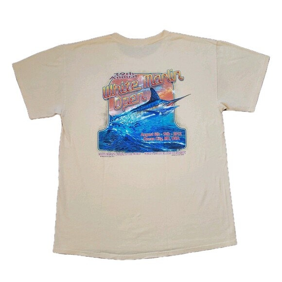 Vintage White Marlin Open Size Large Mens Yellow Double Side T-Shirt 2012 39th - Picture 1 of 8